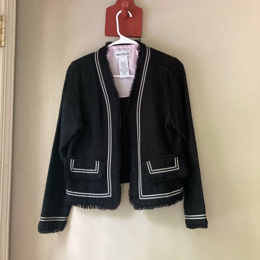 Vintage Ultra Dress NY Black Tweed White Embroidered Detail Blazer 8